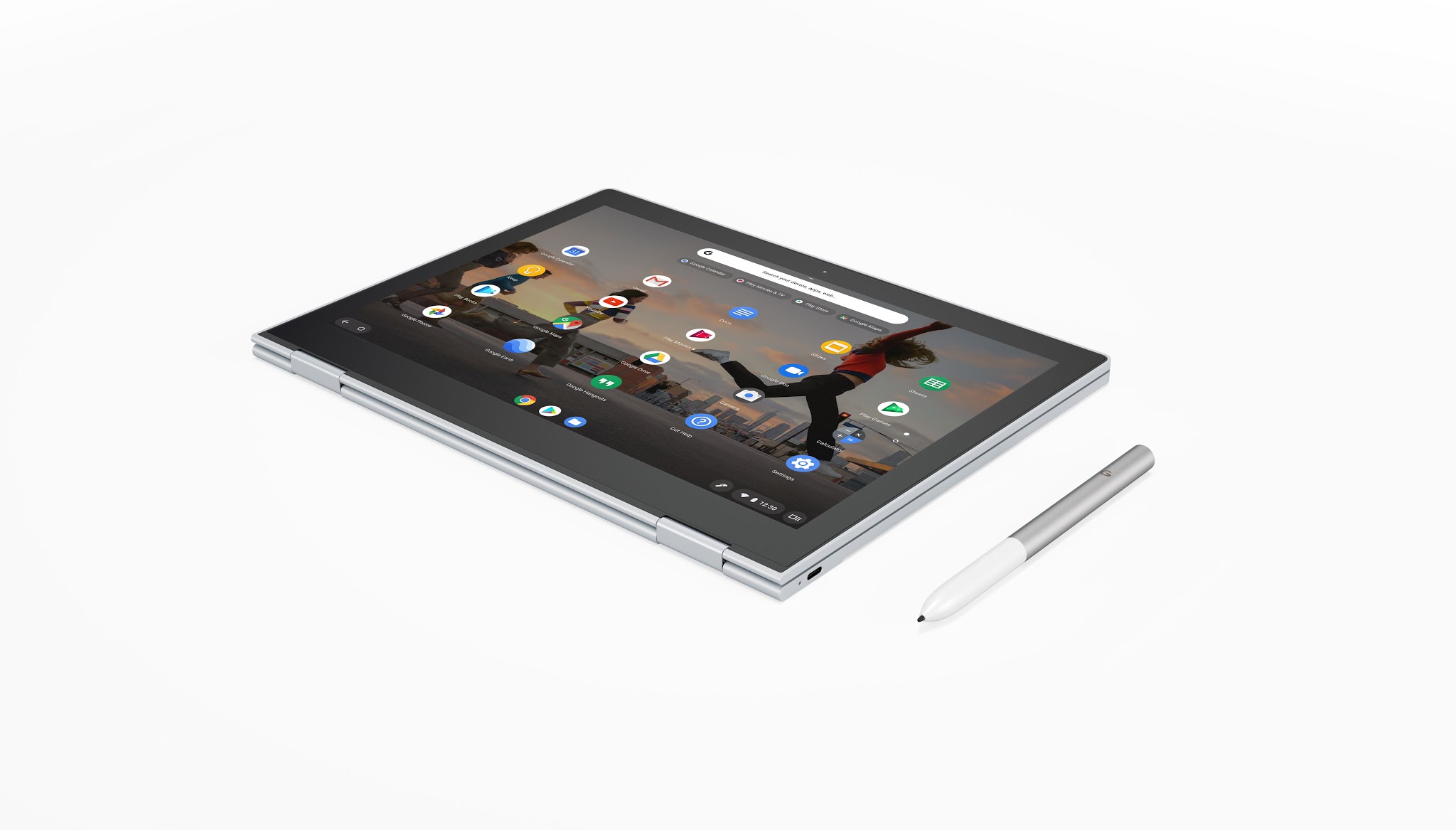 Imagen del Google Pixelbook plegado con el lápiz táctil